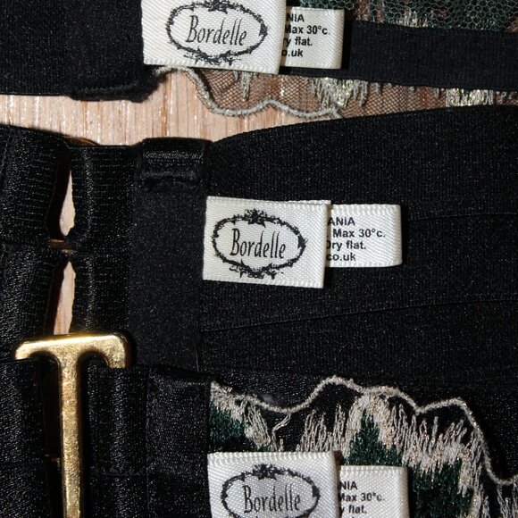 Bordelle Wilde Ouvert Collar Bra Belt Thong Garter SET SS XS green black gold - Picture 10 of 14